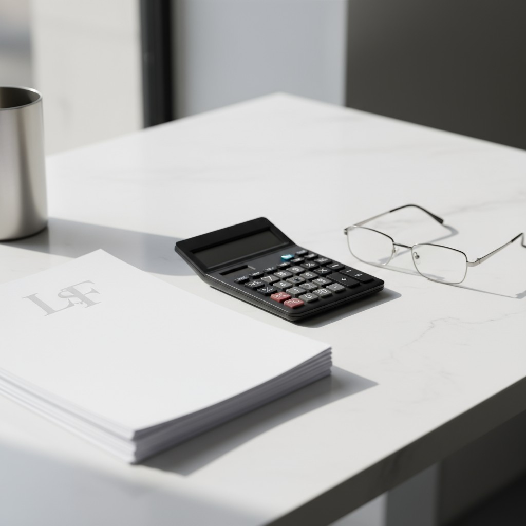 Simplice controllata, calcolatrice, occhiali da lettura, fogli di carta bianchi.